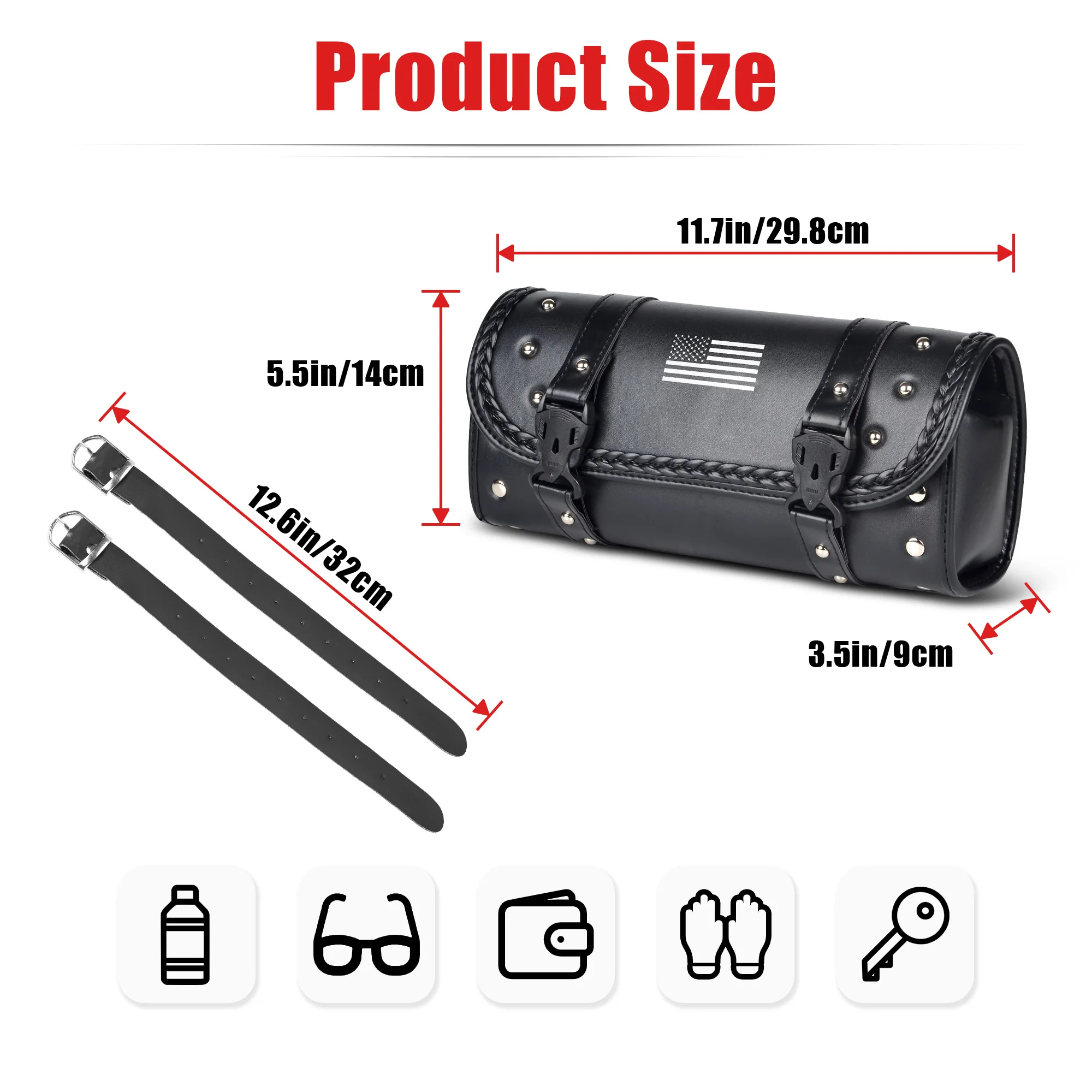 Universal Motorcycle Handlebar Bag, Waterproof PU Leather Tool Storage Pouch with US Flag Patch, Fits for Harley