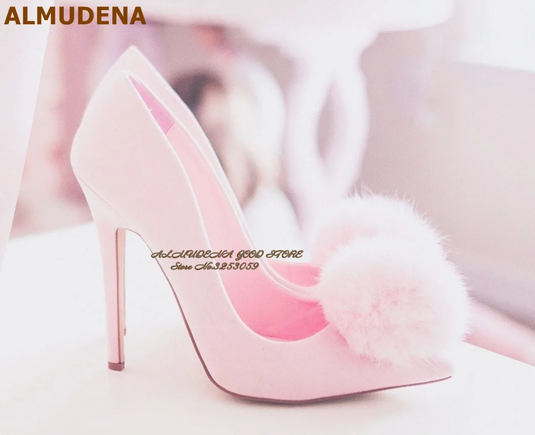 ALMUDENA Sweet Pink Suede Big Pom Pom Bride Shoes Stiletto Heel Fur Ball Shallow Dress Pumps Princess Pointed Toe Footwear