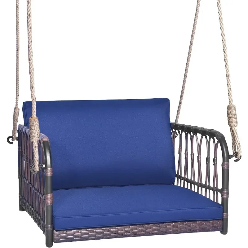 Outdoor Metal Porch Swing, Single Person Hanging Seat w/Woven Rattan Backrest, 2 Sturdy Hanging Ropes, Seat & Back Cushions