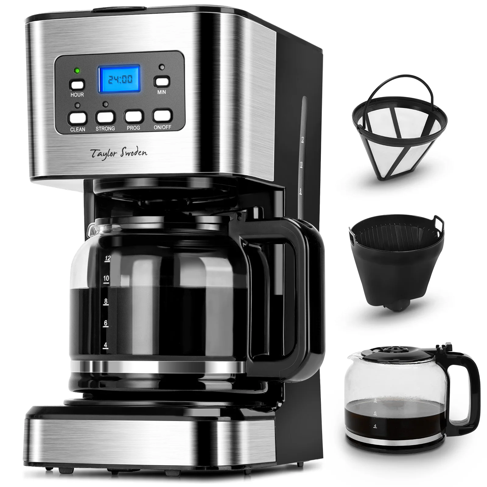 Taylor Swoden Darcy 950W Cafeti�re capacit� 1,5 L 12 tasses avec filtre r�utilisable et base de maintien au chaud, syst�me d'�gouttage, minuterie et BPA