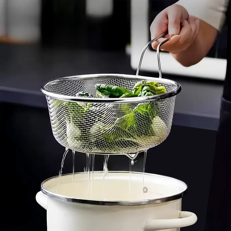 Colador de acero inoxidable, cesta de malla gruesa, colador de cocina para fideos, Pasta, freír, olla caliente, colador de filtro de drenaje de fideos