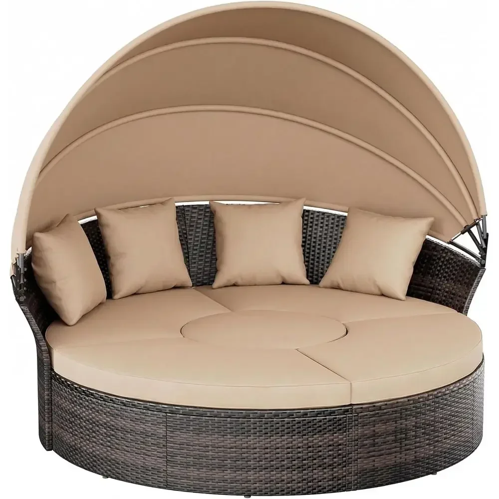 Outdoor Patio Daybed with Retractable , Wicker Rattan Sectional Round Soa urniture Set, 5 Pieces Seating Separates Cushioned Sea