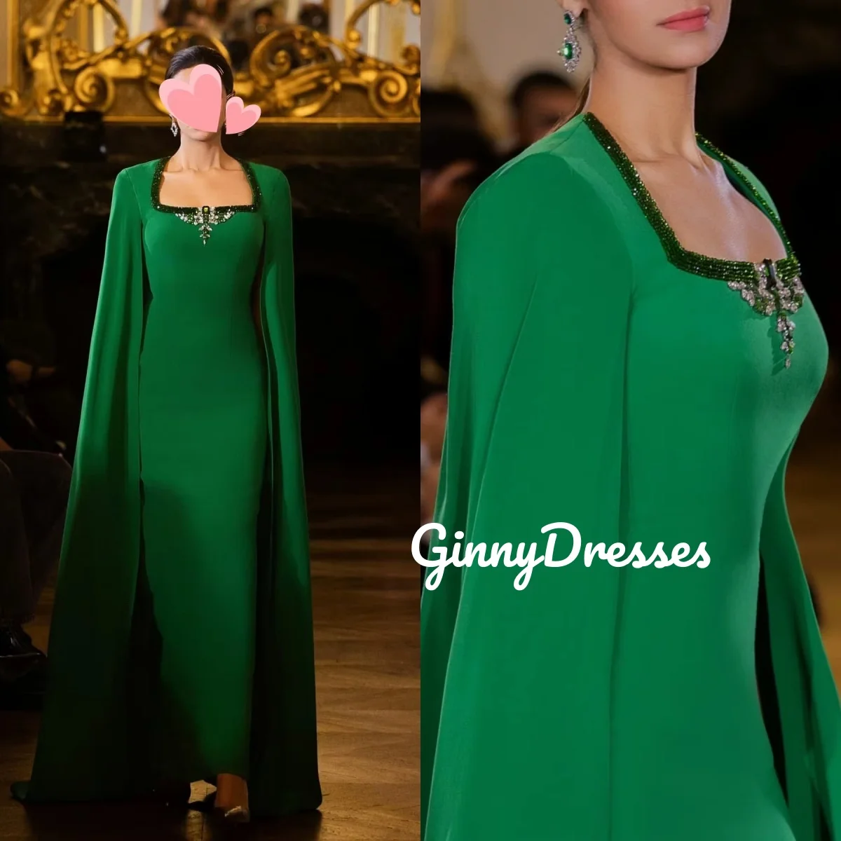 

Column Green Customize Evening Dress Square Neckline Floor-Length Dresses For Special Events Ruffle Cap Straps Zipper Up Vestido