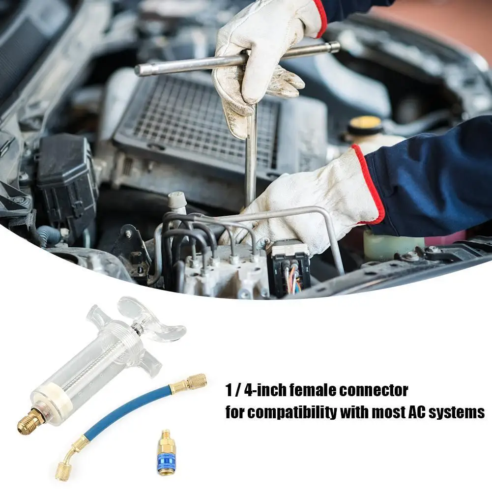 

Auto Compressor Oil Dye Injector 30ml Car A/C Oil Dye Injector with Low Side Quick Coupler Adapter 1/4 SAE AC System Accessories