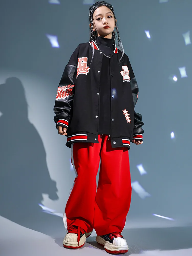 

Kid Cool Hip Hop Clothing Black Baseball Jacket Coat Red Casual Wide Sport Sweat Pants for Girls Boys Jazz Dance Costume Clothes