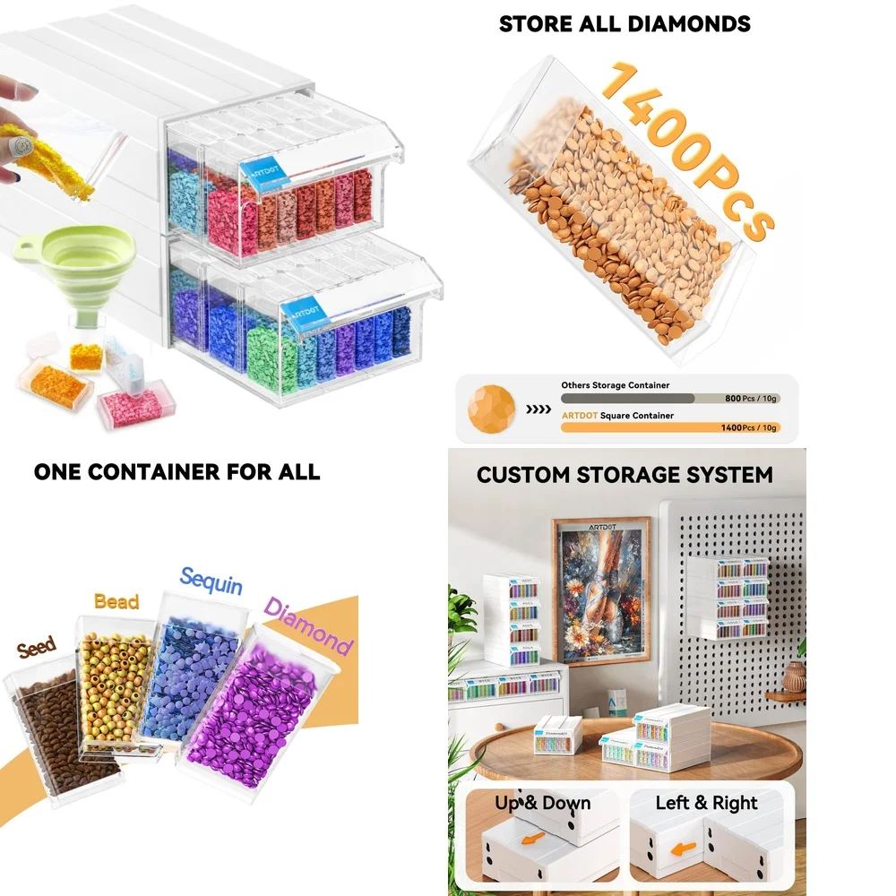 

2 Pack Diamond Painting Storage Box 70 Grid Stackable Bead Organizer Craft Supplies for DIY Art Projects Bead Sorting Tray Kit