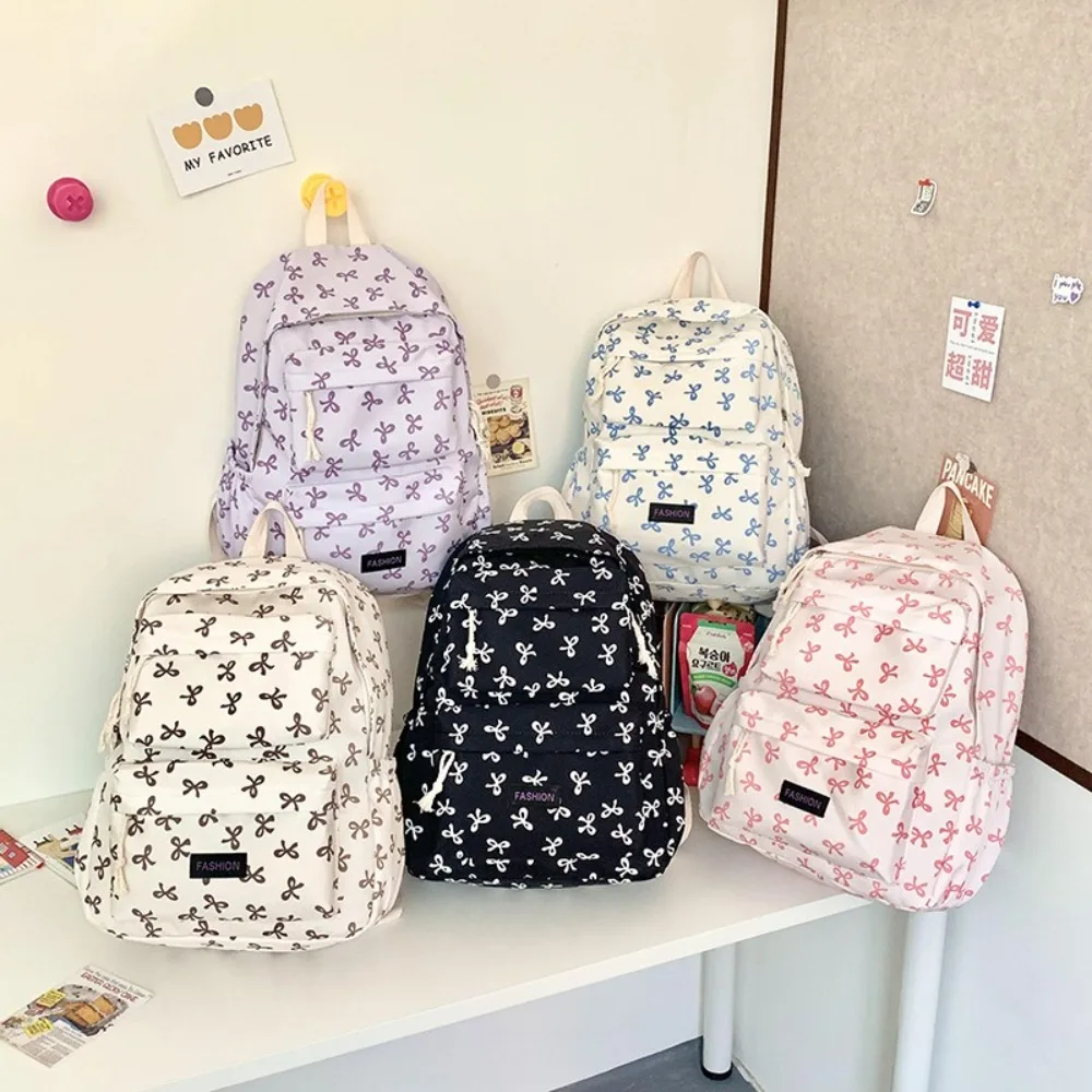 

Cute Bow Printed Students Backpack Large Capacity Adjustable Strap School Bag Nylon Book Bag Outdoor