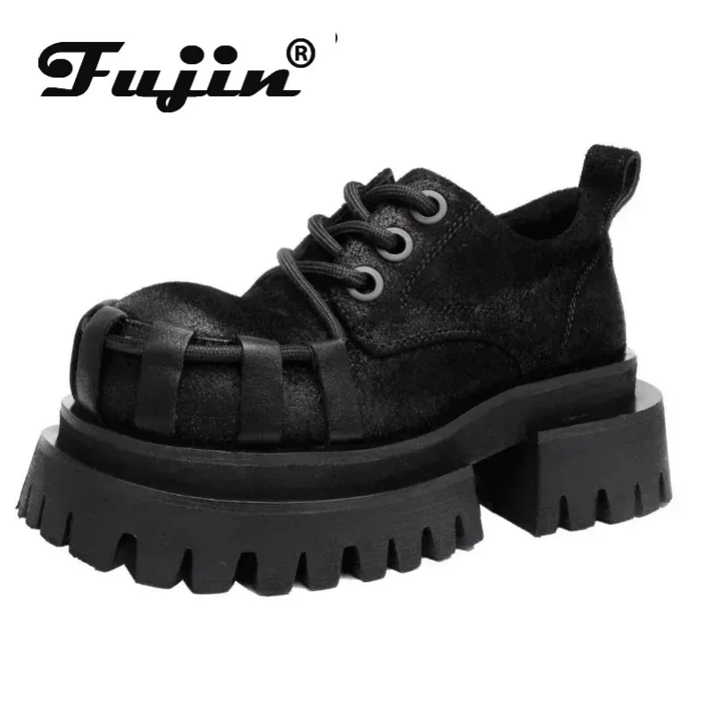 Fujin 7cm Motorcycle Autumn Fashion Spring Punk Luxury Shoes Cow Suede Genuine Leather Round Toe Women 2024 Moccasins Gothic