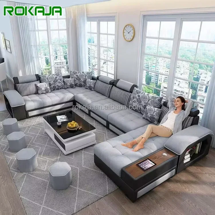 Luxury Multifunctional U-Shaped Sofa Set Fabric Corner Sofa With Usb Speaker Modern Design Living Room Furniture 7 Seater Sofa