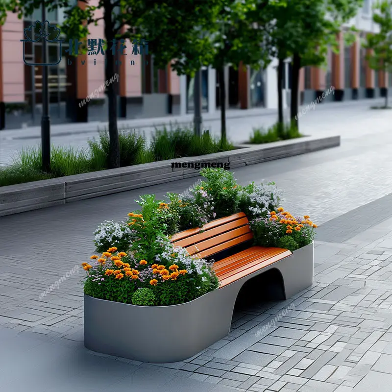 

Nordic High-End Outdoor Commercial Street Rest Bench Modern Creative Planter Box Iron art Flower Box Chair Garden Furniture