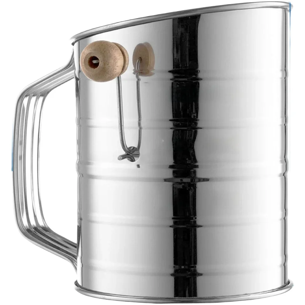 

3 Cup Stainless Steel Flour Sifter Featuring Hand Crank and Engraved Measurement for Consistent Baking Results