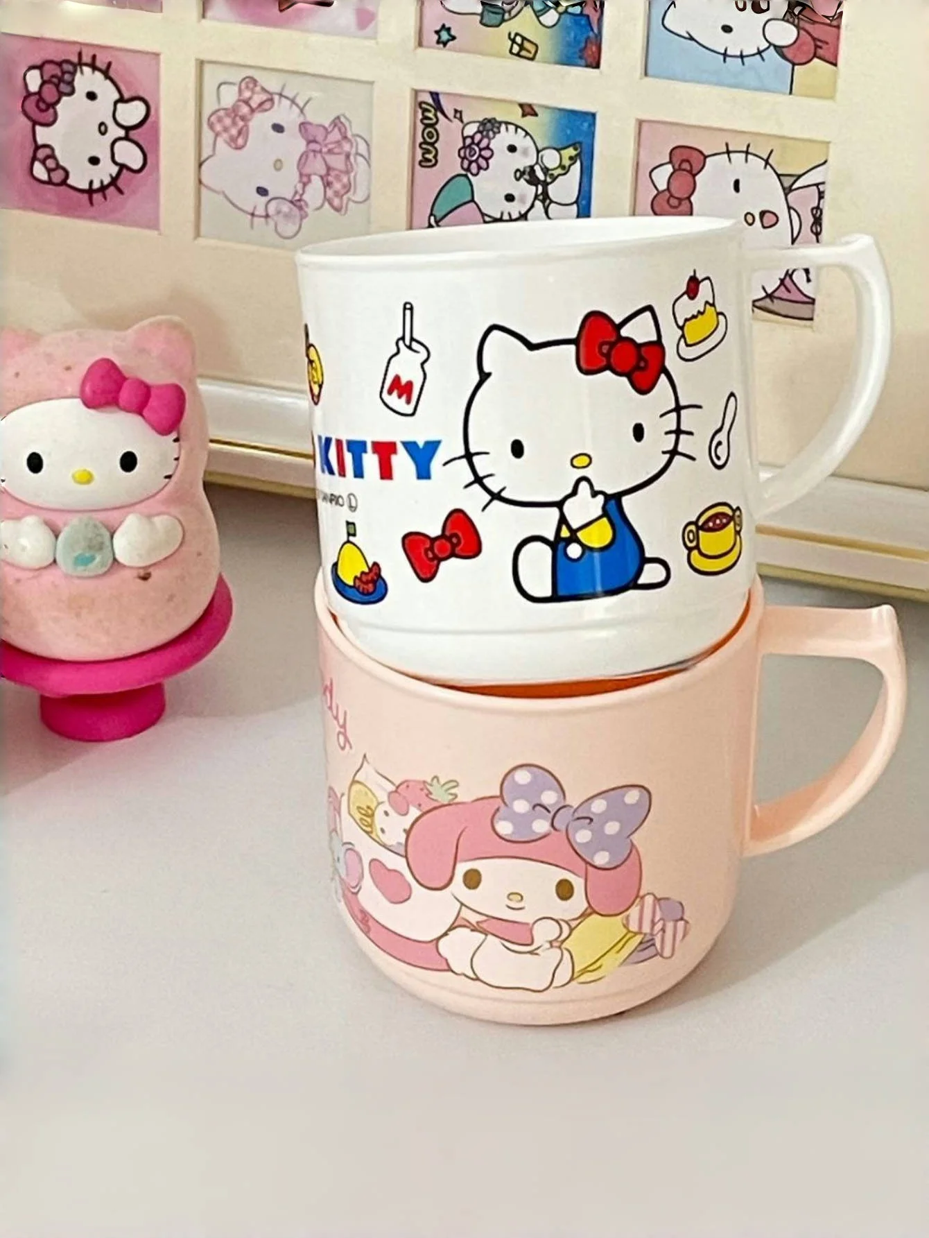 1 pz Sanrio Hello Cute Kitty & Melody Cartoon Tazza da 240 ml con fessura per cannuccia Tazza per lavare e risciacquo per il bagno, i viaggi