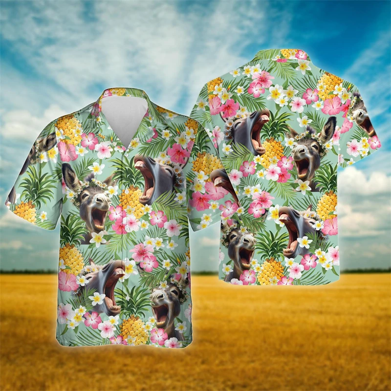 Funny Donkey Graphic Beach Shirt Casual Hawaiian Short Sleeve Blouses Farm Animal Lapel Blouse Aloha Shirts For Men Clothes Tops