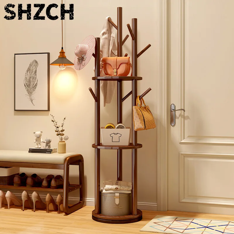 Rotating Wooden Coat Rack Durable Floor Standing Clothes Hanger Bedroom Clothes Rack Stand Space-Saving Storage Rack