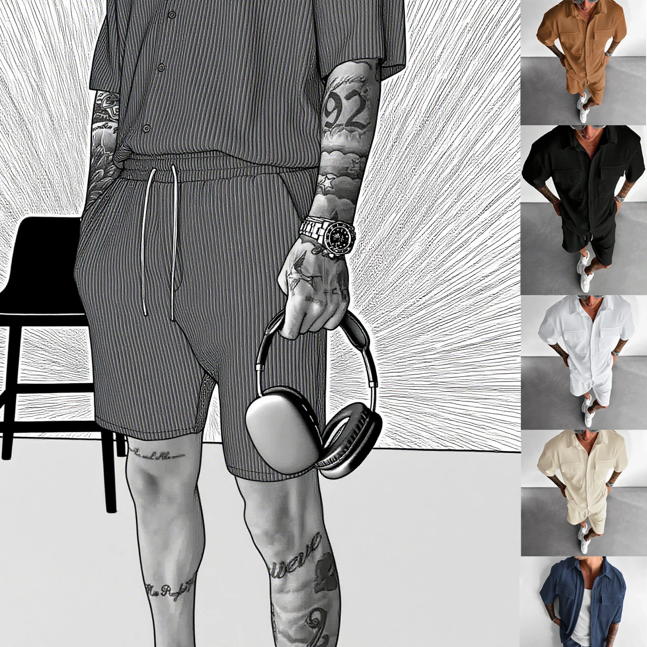 

New popular men's casual spring and summer set, solid colored corduroy short sleeved shirt and shorts, elastic beach casual set