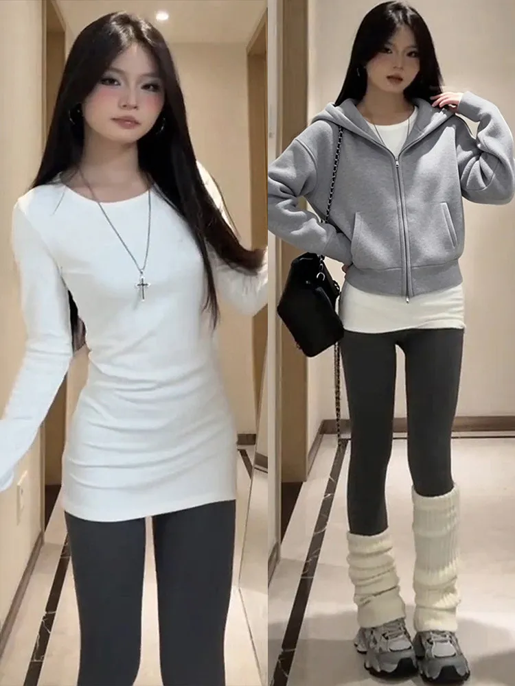 White round Neck Long Sleeve T-Shirt Women's Spring Autumn New Korean Style Slimming Casual Top for All Seasons
