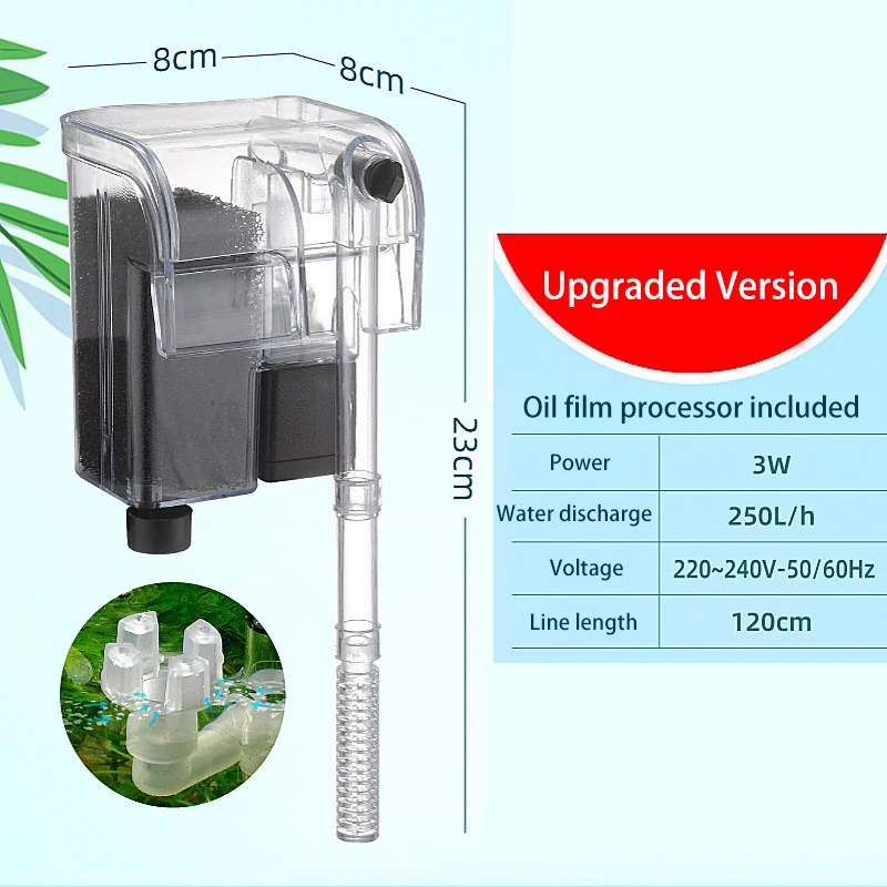 Aquarium Hanging Filter Submersible Mini Waterfall Filter Fish Tank USB Power Interface 3W Flow 250H/L for Fishtank Below 30cm