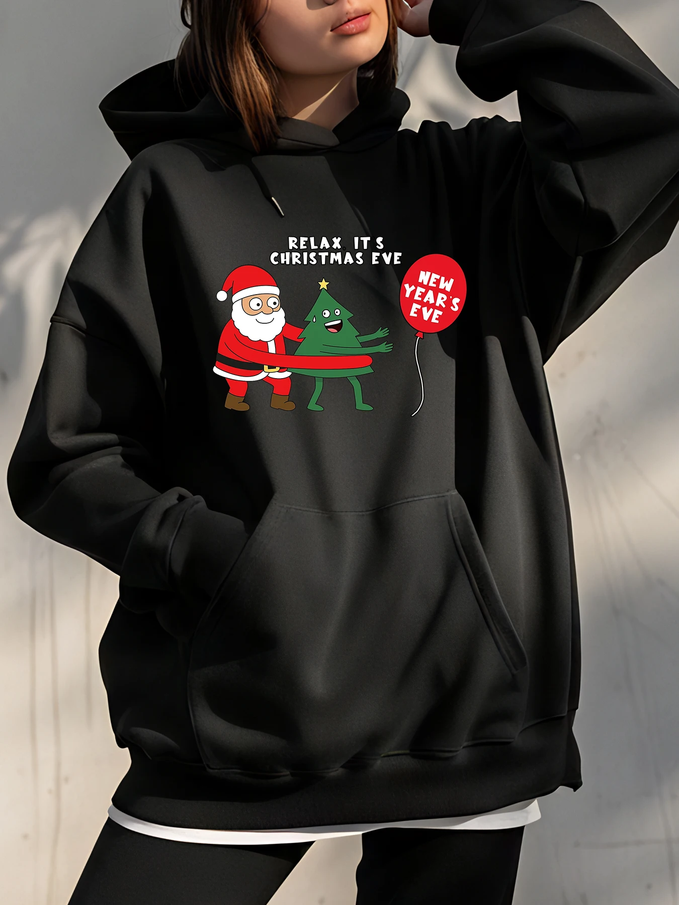 

Толстовка с рождественским принтом, толстовка большого размера в повседневном стиле, дизайн Санта-Клауса и рождественской елки для женщин, праздничная праздничная одежда