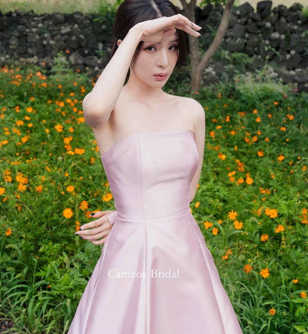 SONDR Strapless Birthday Korea Evening Dress Customized Satin Hi-lo Formal Prom Dress Simple A-Line Pink Evening Gown Bridal