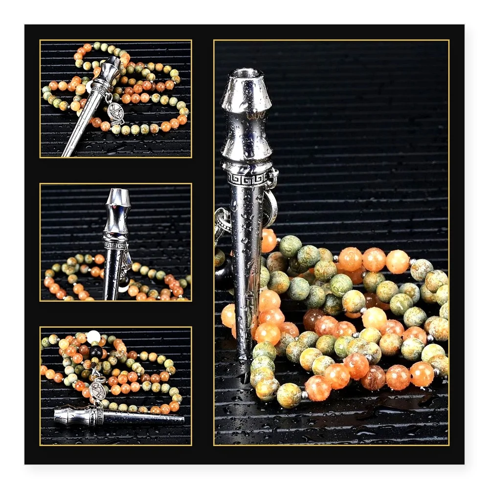 Premium Titanium Cigarette Holder with Stone Wood Bead Chain - Authentic Arab Shisha Accessories for Hookah Mouthpieces