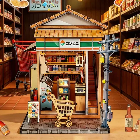 Japanese Convenience Store DIY Book Nook Kit - 3D Wooden Puzzle Bookshelf Insert with LED Light, Miniature Anime Grocery Shop Do