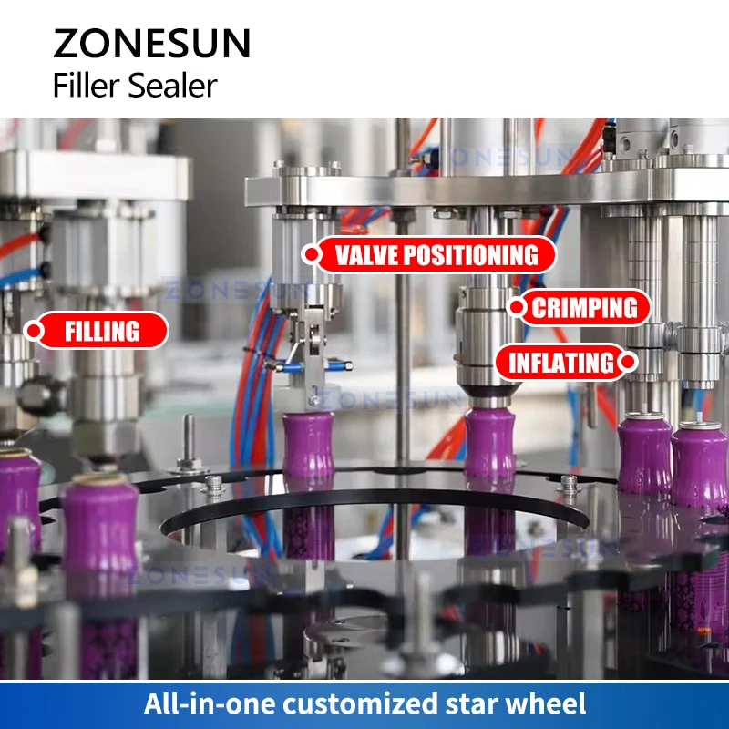 ZONESUN ZS-QW1600L Automatic Aerosol Packaging Machine Spray Can Filling and Canning System