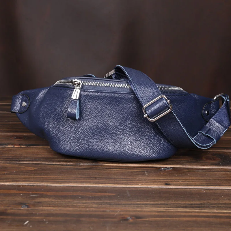 Men's Top-Grain Leather Crossbody Chest Bag Sports Running Waist Pack with Phone Pocket