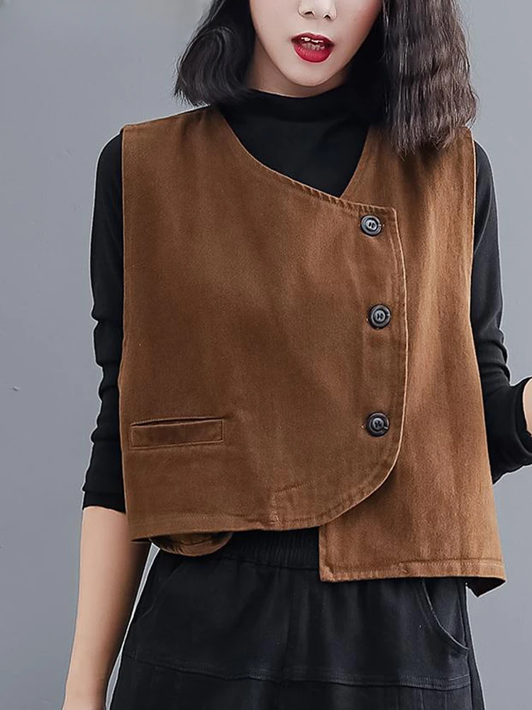 

Women Loose Vest Cotton V-neck sleeveless Button Solid Color Casual Coat 2024 Spring Korean Vintage Simple Cozy Vest Top Z237