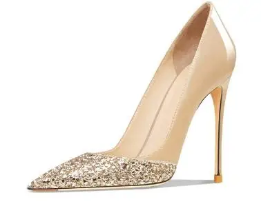 حار المرأة عارية براءات الاختراع والجلود بريق المرقعة الضحلة الانزلاق على مضخات سيدة 12 سنتيمتر الكعوب رقيقة فستان الحفلات أحذية حجم 46 #2