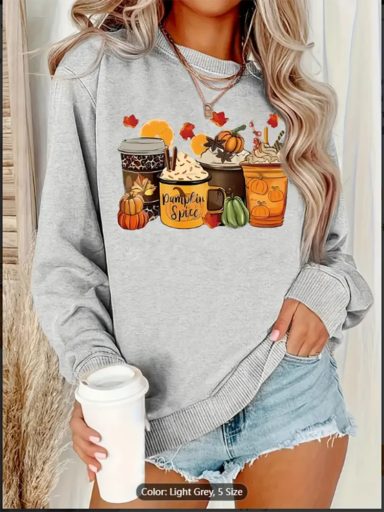 

Женская светло-серая толстовка с графическим принтом тыквы и специями, повседневный пуловер, топ, повседневный топ с длинным рукавом