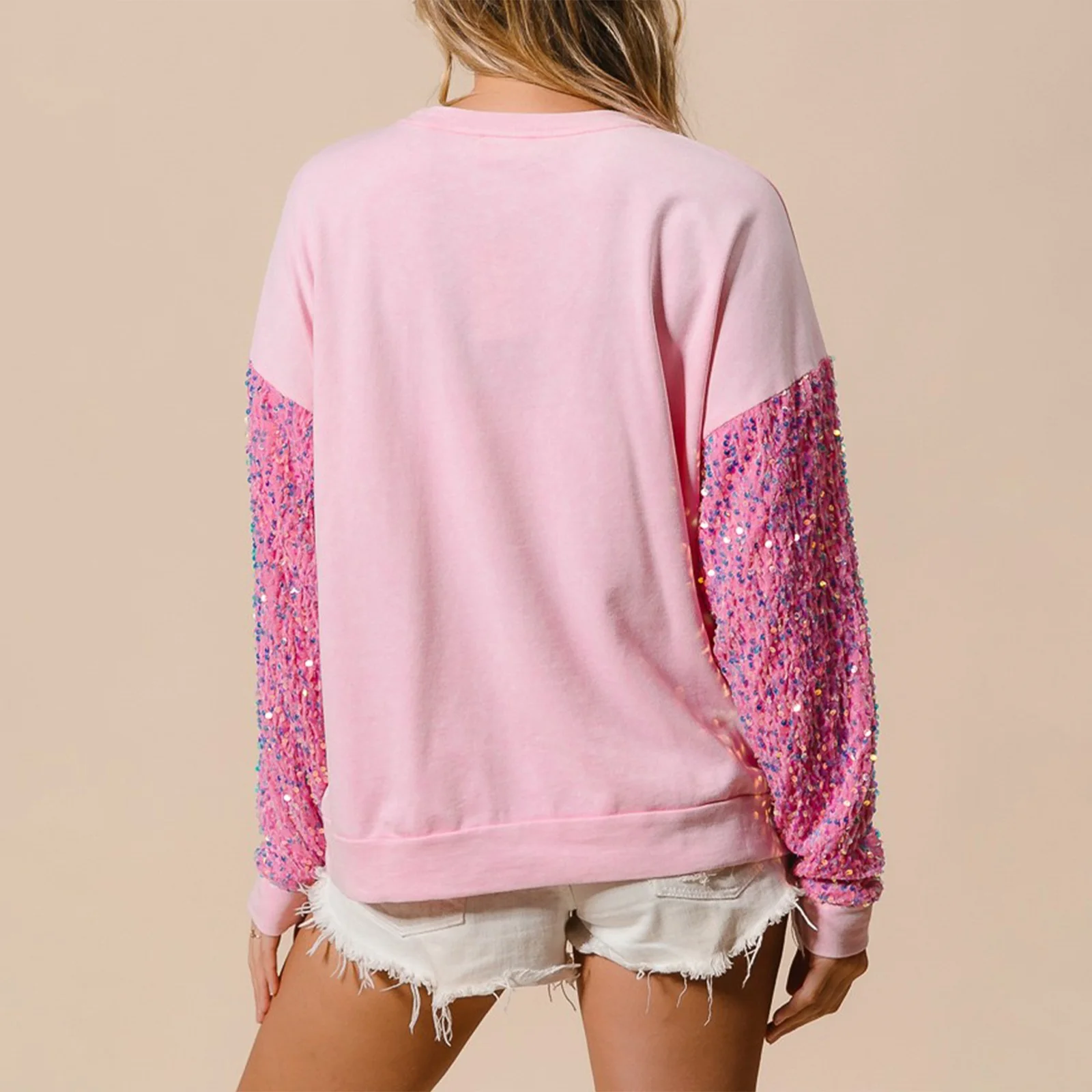 Moletom feminino solto de Natal manga comprida gola redonda lantejoulas carta bordado pulôver