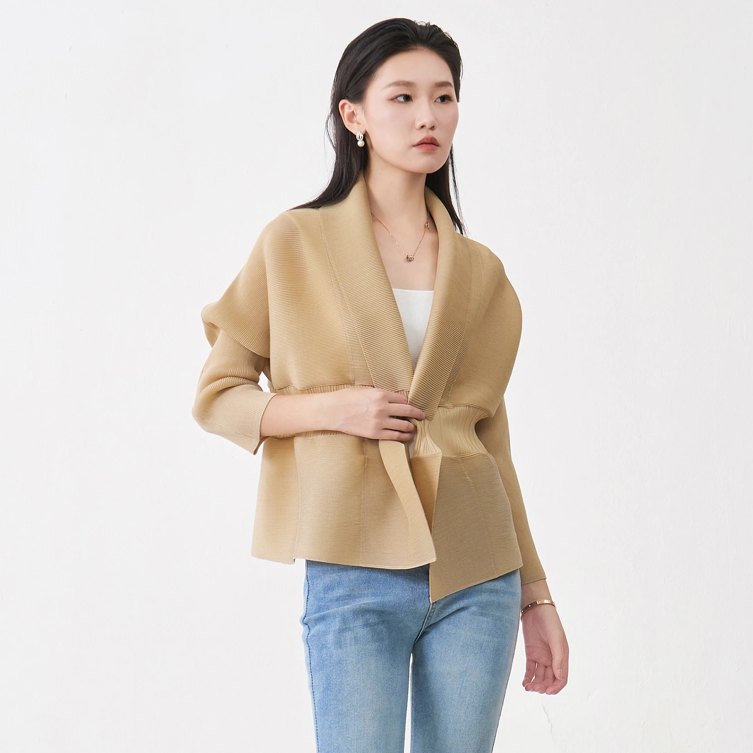 Direct From the Factory Women's Fashion Tops Design Sense Lace Lapel Solid Color Top Miyake Pleated Coat