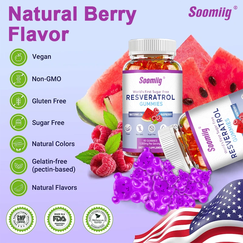 Soomiig Resveratrol Fruit Gummies - 1500 Mg | Digestion and Immunity | Vegan | Carbohydrates