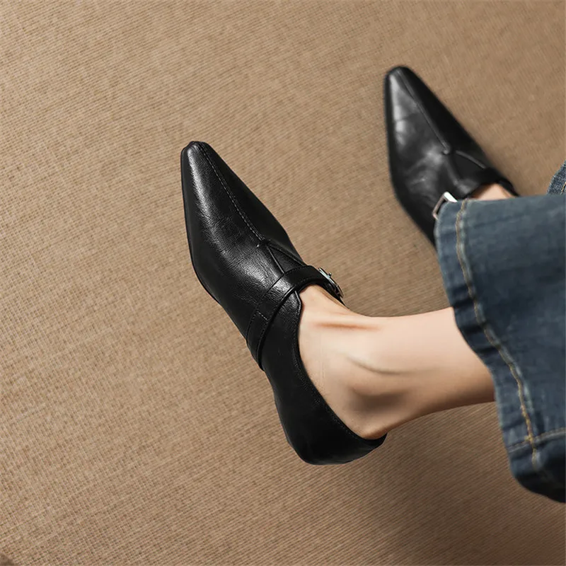 New Spring Autumn PU Leather Women Shoes Fashion Retro Pointed Toe Shoes for Women Low Heels Handmade Women Pumps Ladies Shoes