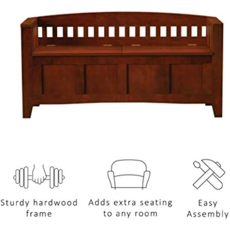 Home Decor Storage Bench with Short Split Seat Storage, Walnut, 50 inchw x 17 inchd x 25.25 inchh.