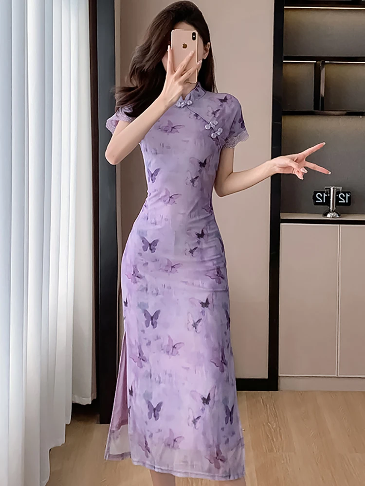 Women Purple Print Chic Lace Short Sleeve Midi Dress 2024 Korean Vintage Luxury Party Vestidos Summer Elegant Bodycon Prom Dress