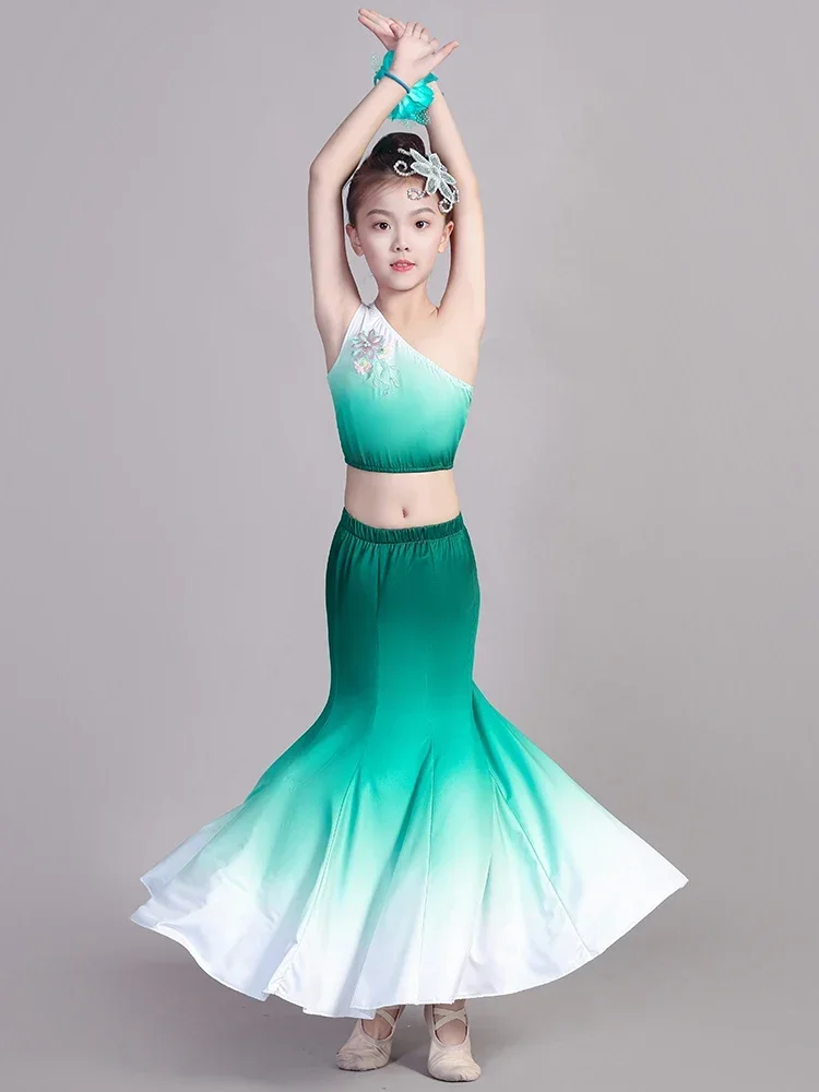 Strój taneczny mniejszości etnicznych, strój pawia na występy sceniczne, spódnica rybi ogon, strój ludowy do tańca Dai, sukienka do tańca Dai dla dzieci