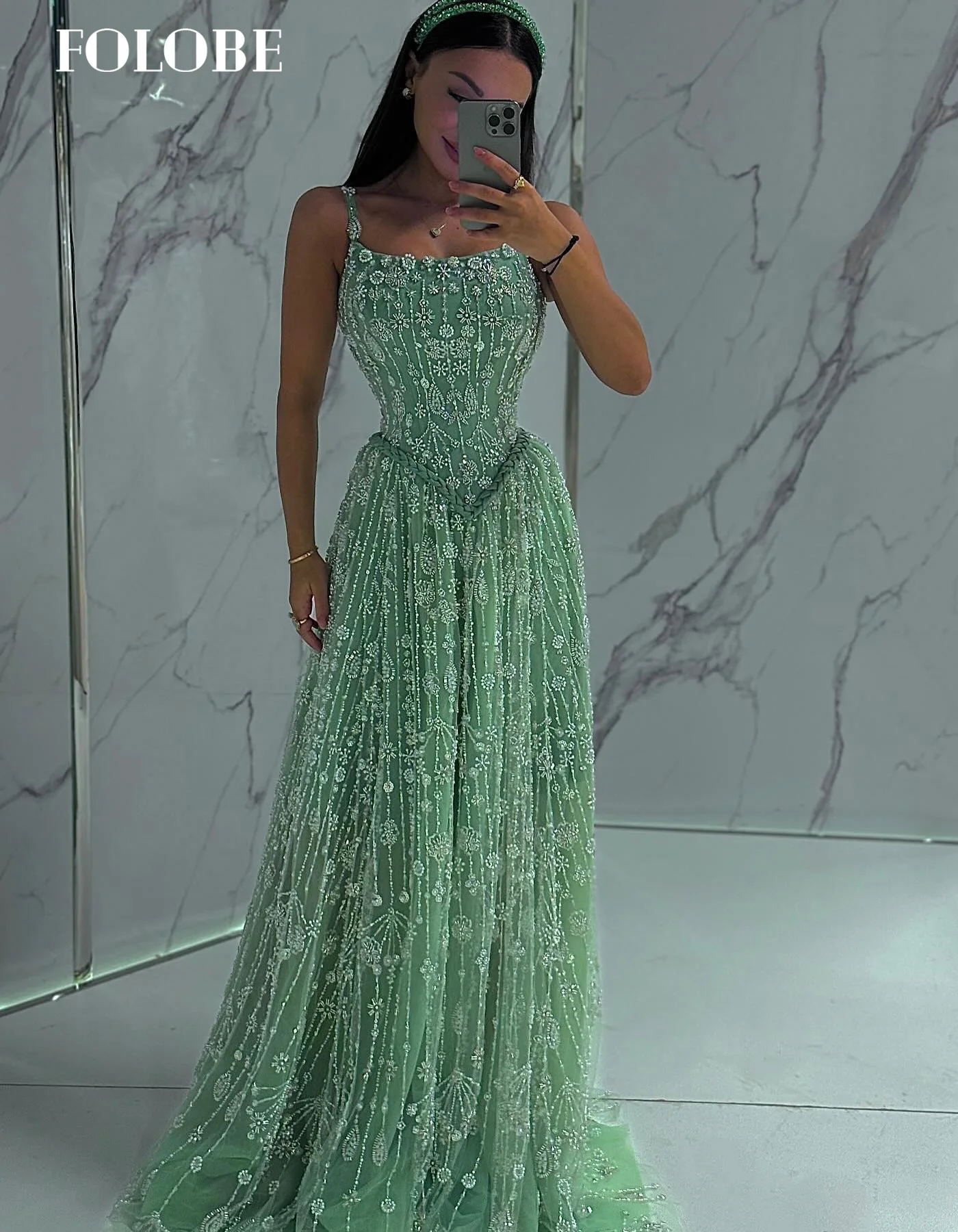 FOLOBE เซจสีเขียวเอ-ไลน์ชุดราตรีคริสตัลมุกผู้หญิงที่สง่างามชุดแต่งงานชุดราตรีที่กำหนดเอง