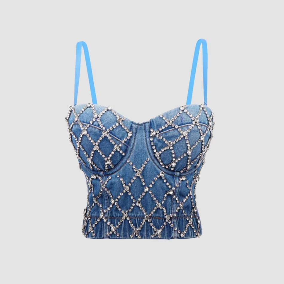 

Новинка 2023 года, джинсовый жилет с бусинами и ремешком для выступлений, танцевальная одежда DB972, женский традиционный этнический сценический костюм из смеси хлопка