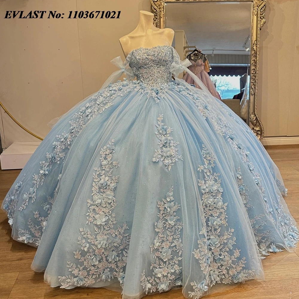 EVLAST 맞춤형 블루 성인식 원피스 볼 가운, 레이스 아플리케, 비즈 크리스탈 활 코르셋, 스위트 16 Vestidos De 15 Anos SQ683