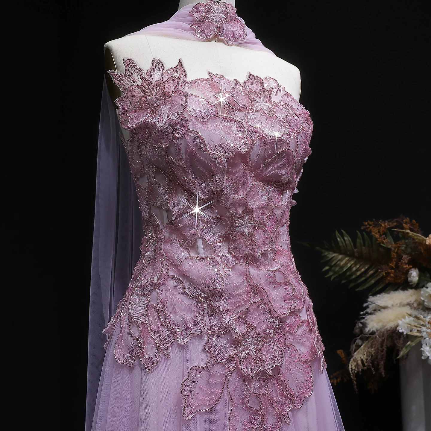 Sharon Said Atemberaubendes Abendkleid mit rosa Tüllblumen-Applikationen 2026 Luxuriöses Damen-Abendkleid für formelle Anlässe SS239 Maßanfertigung – Detail 10