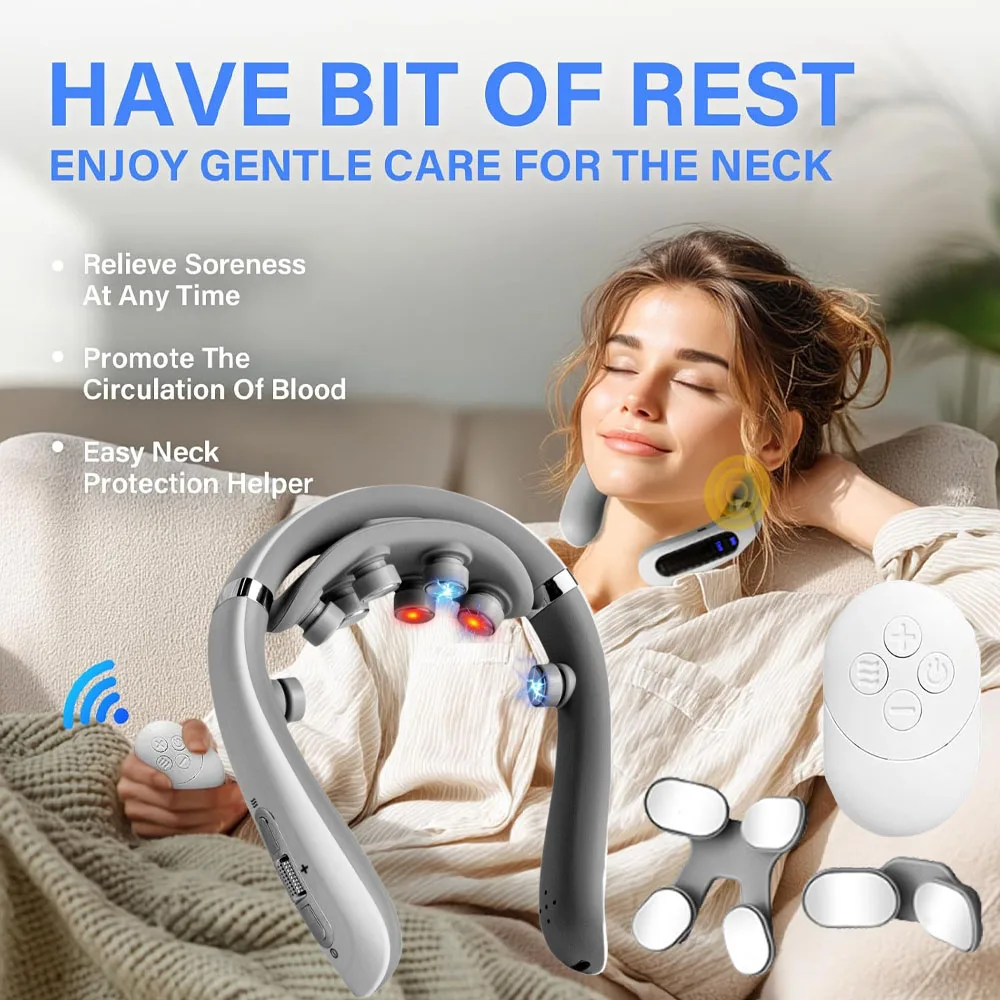 Electric Neck Massager Microcurrent Multi-Head Replaceable Wireless Knead Shiatsu Heating Vibration Cervical Shoulder Massager