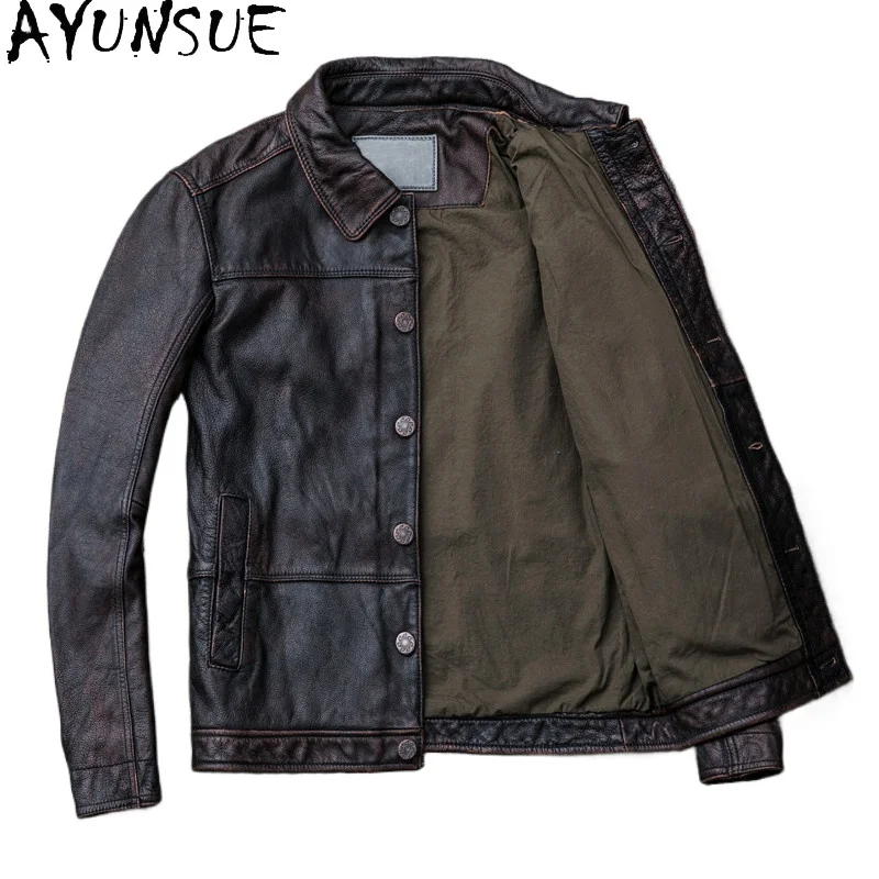 AYUNSUE Top Layer Cowhide Genuine Leather Jacket Man Motorcycle Jacket Short Leather Coat Chic Lapel Outerwear Chaquetas Vintage