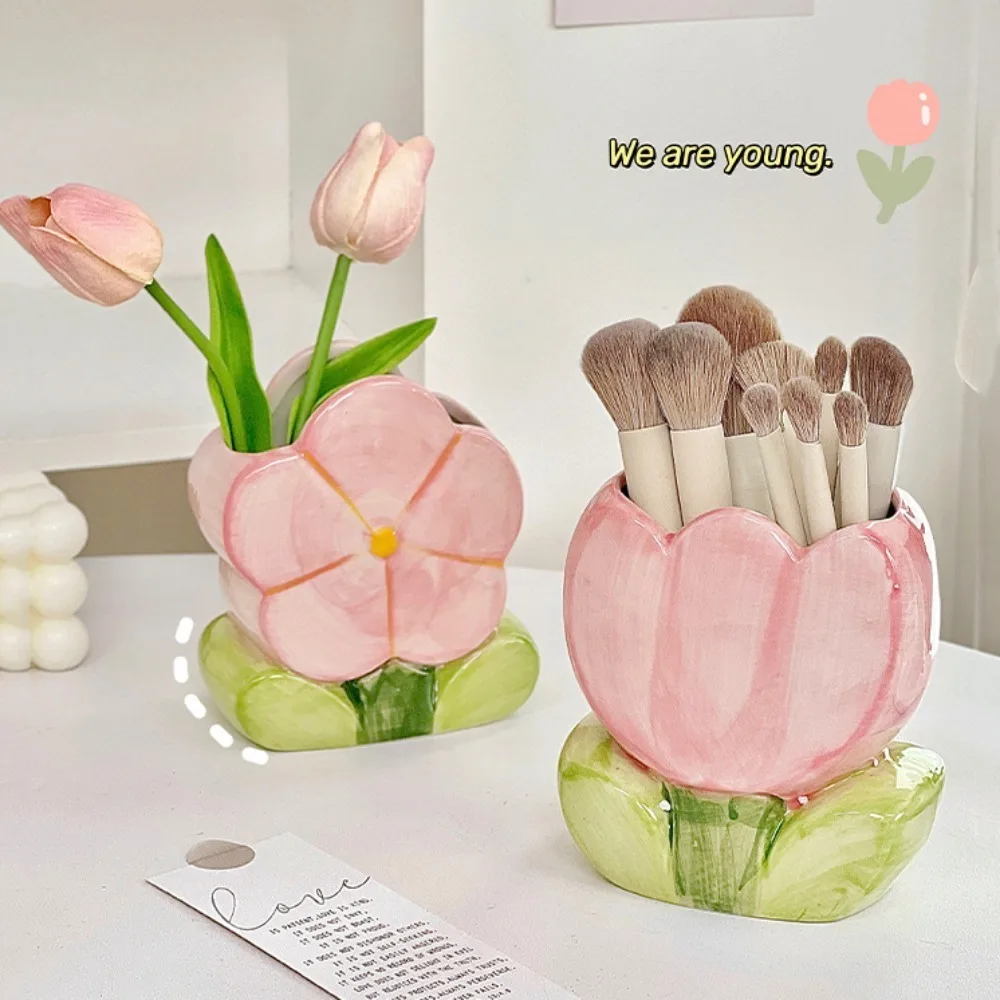 Ceramic Flower Makeup Brush Storage Bucket Tulip Flower Retro Flower Cute Flower Table Storage Pen Container Kawaii