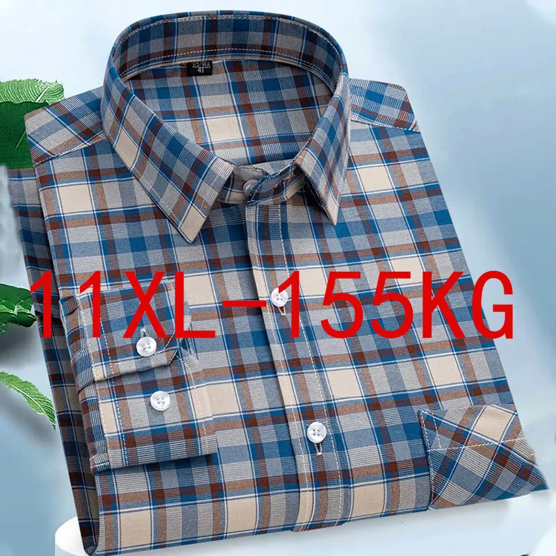 10XL 11XL Men\'s short-sleeved shirt Spring and summer long sleeved large fat Oxford woven non-ironing high quality casual plaid