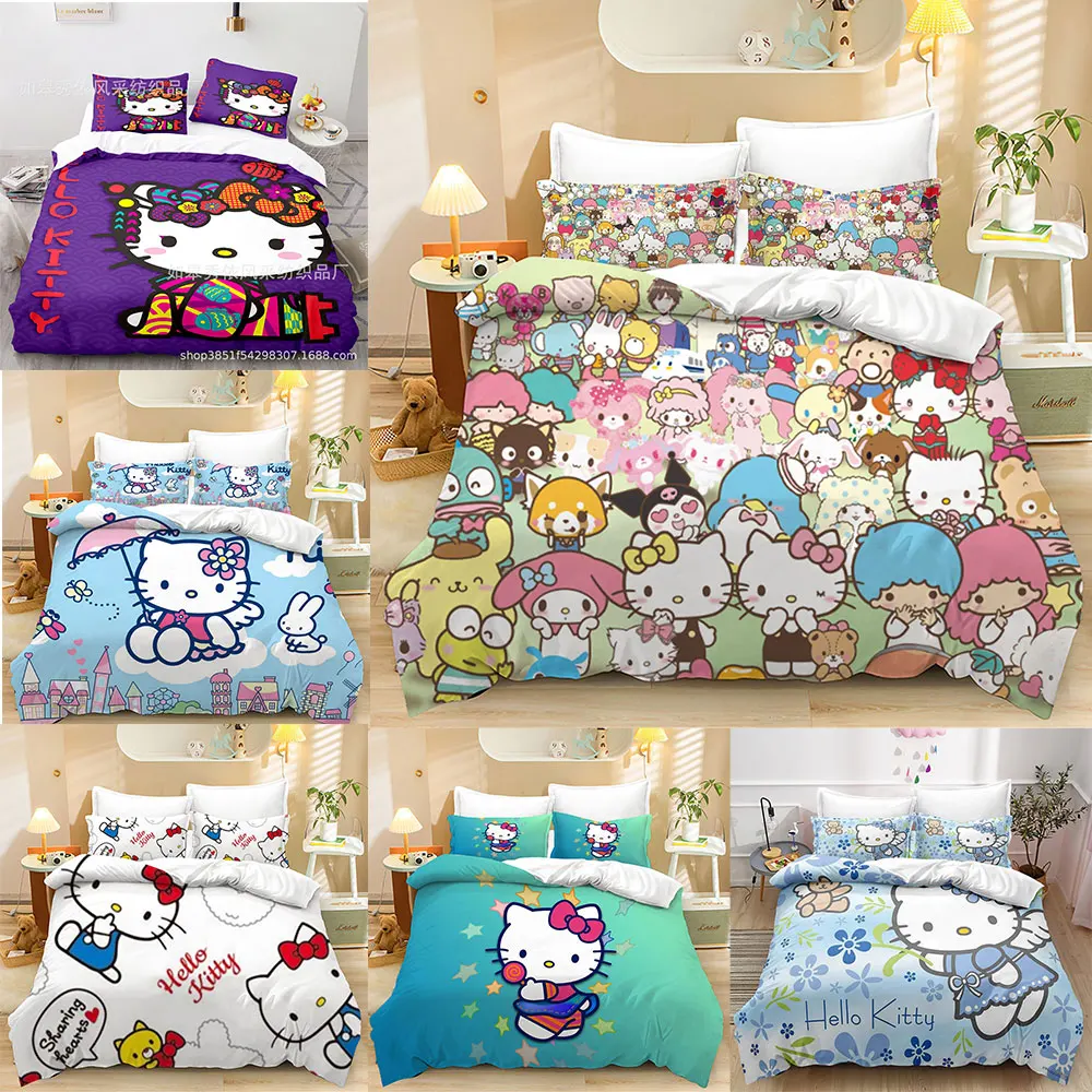 

Hello Kitty Bedding Sets Comforter Quilt Bed Cover Duvet Cover Pillow Case 2-3 Pieces Sets for Kids Adult