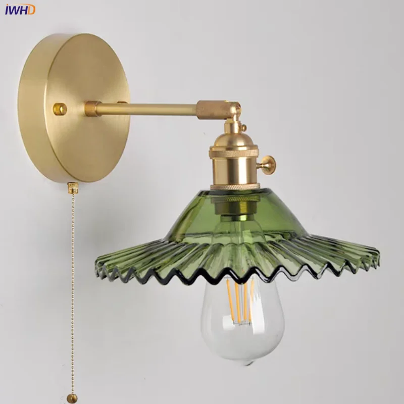 

IWHD Green Glass LED Wall Lights Pull Chain Switch Living Room Kitchen Aisle Vintage Style Copper Bathroom Mirror Light Sconce