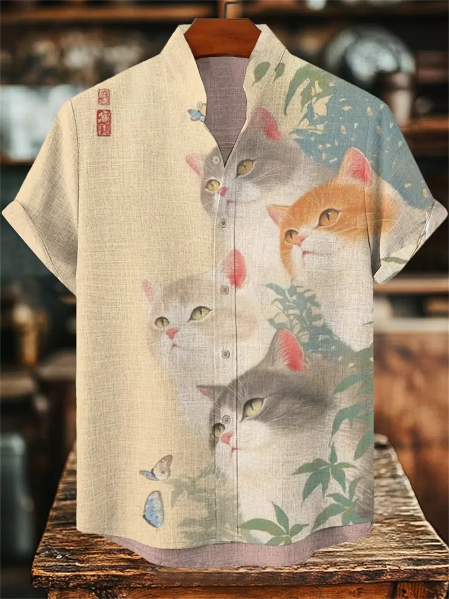 

Retro style men's linen short sleeved shirt, button design, digital printing, casual and comfortable, fashionable dressing