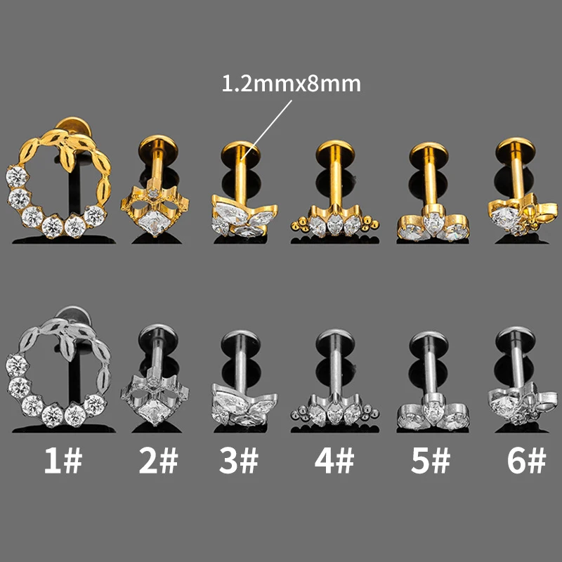 1PC ASTM F136 G23 Titanium Piercing Labret Lip Stud Internal Thread Ear Studs Zircon Horse Eye Cartilage Lobe Piercing Jewelry