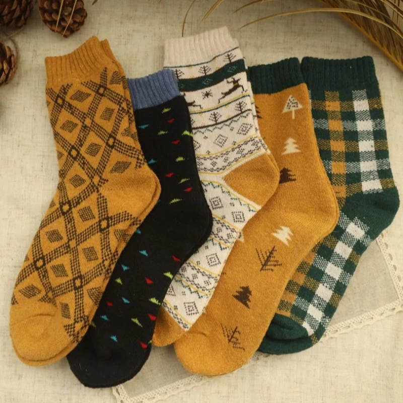 5 Paar dicke und warme Schlaufensocken für Damen, lange Herbst- und Wintersocken, gelb-grüne Waldserie, lange Röhren-Damensocken